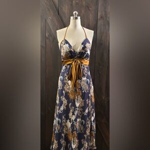 Max & Cleo Elegant Navy and Gold Halter Dress
